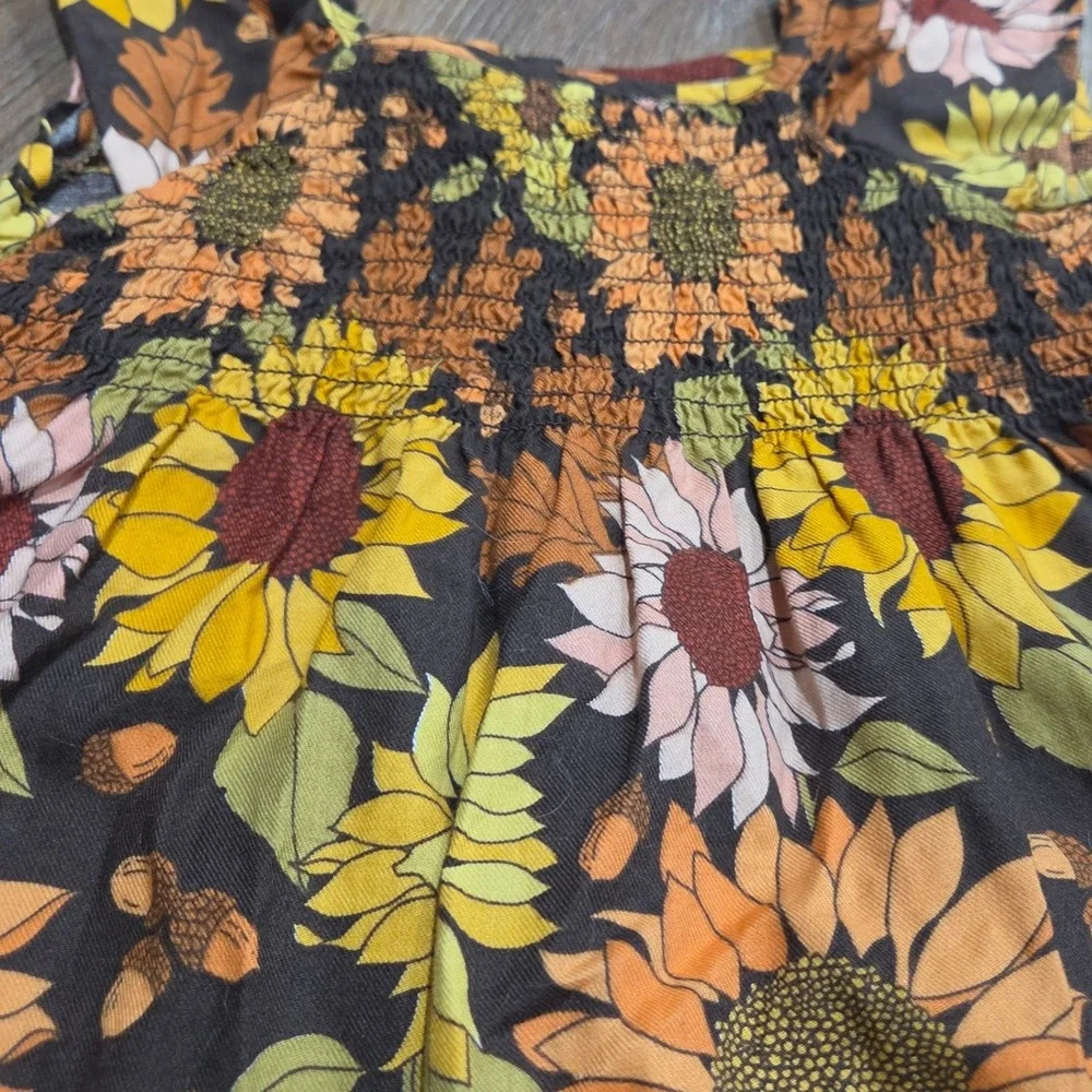 Gymboree Girls 5T Sunflower Acorn Smocked Top Brown Fall Floral Cotton Blouse